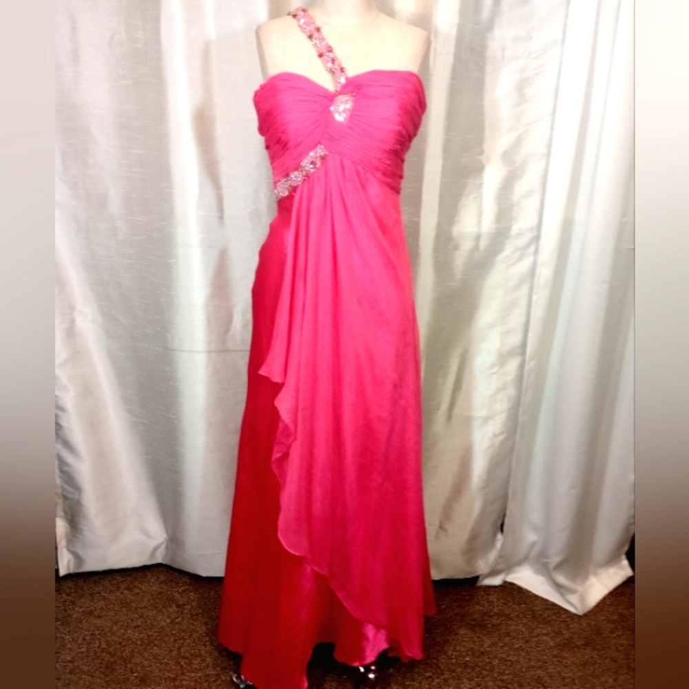 Cinderella One Strap Gown, Hand Beaded, Hot Pink, Pleats, long, Empire Waist, 6